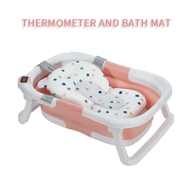 Foldable Baby Bathtub With Soft Cushion And Thermometer Portable Travel