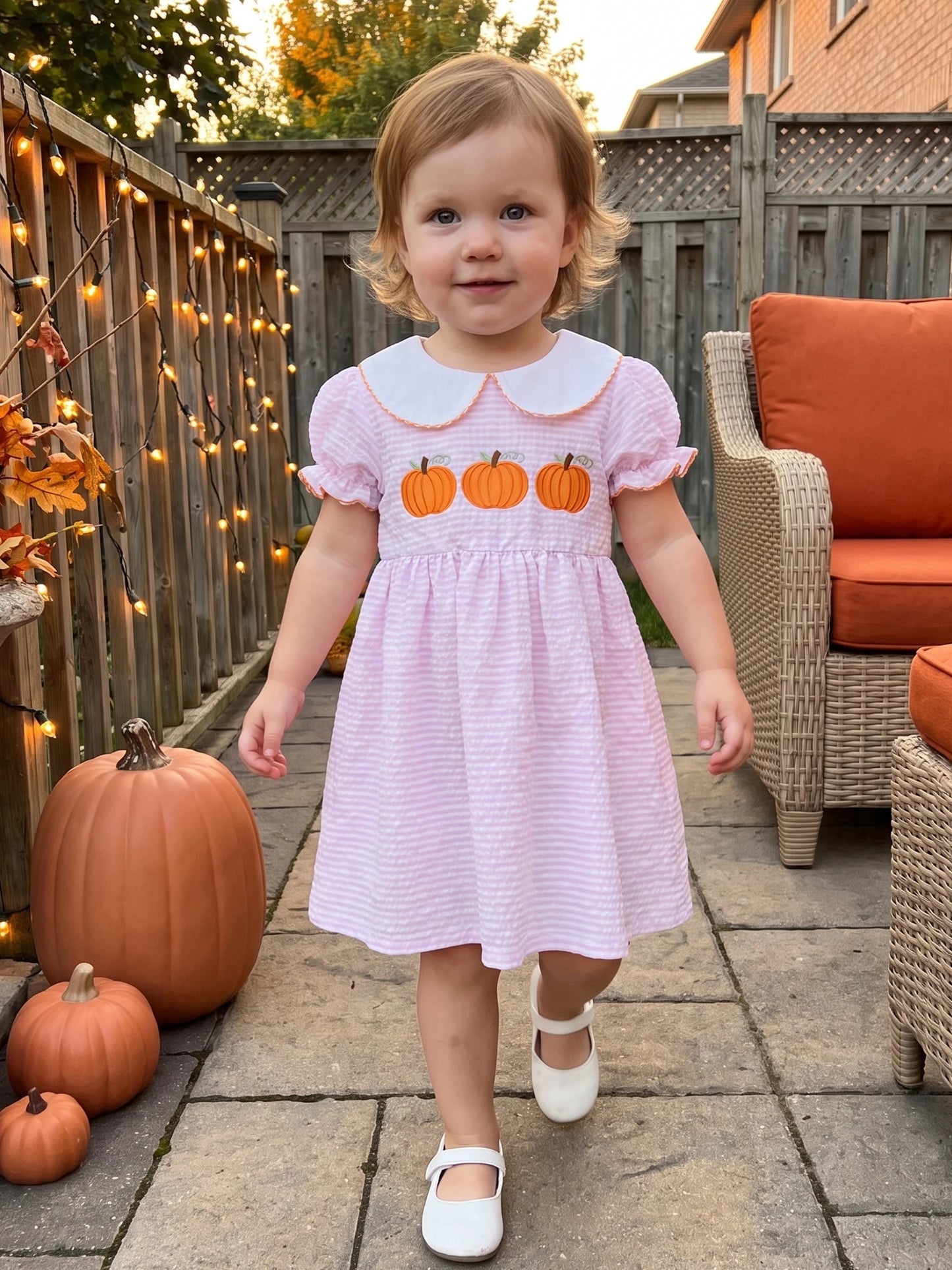 Dress-Pumpkin-Embroidery Girls Halloween Kid-Girls Kid Girls Halloween Embroidery Stripe Collar Stripe Dress-Pumpkin-Embroidery