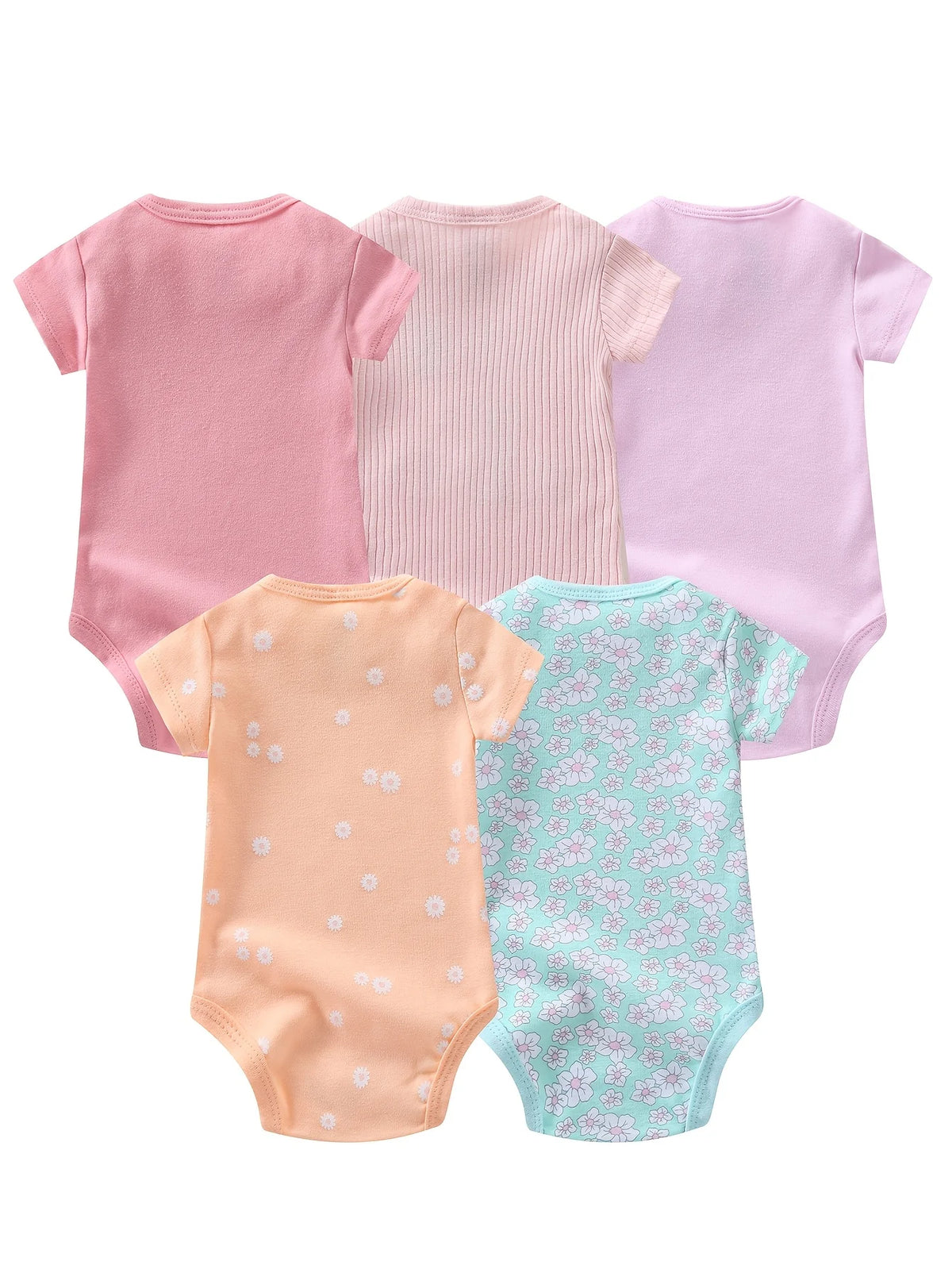 Newborn Baby Girl Short Sleeve Bodysuit 5-pc, Cute Infant One-Piece Romper, Round Neck Summer Outfit, Hospital Essentials, Baby Clothing, for Outdoor