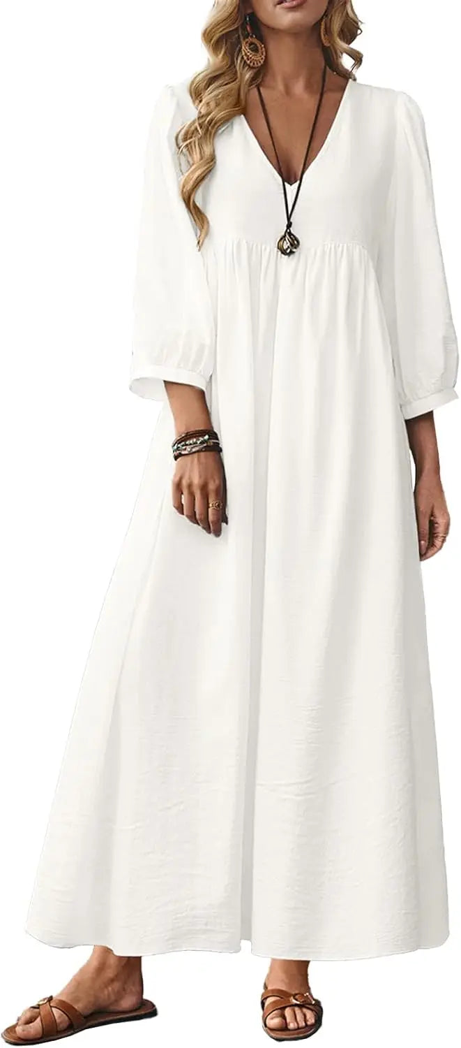 Autumn Solid Cotton Caftan Dress Loose Fit Women Casual