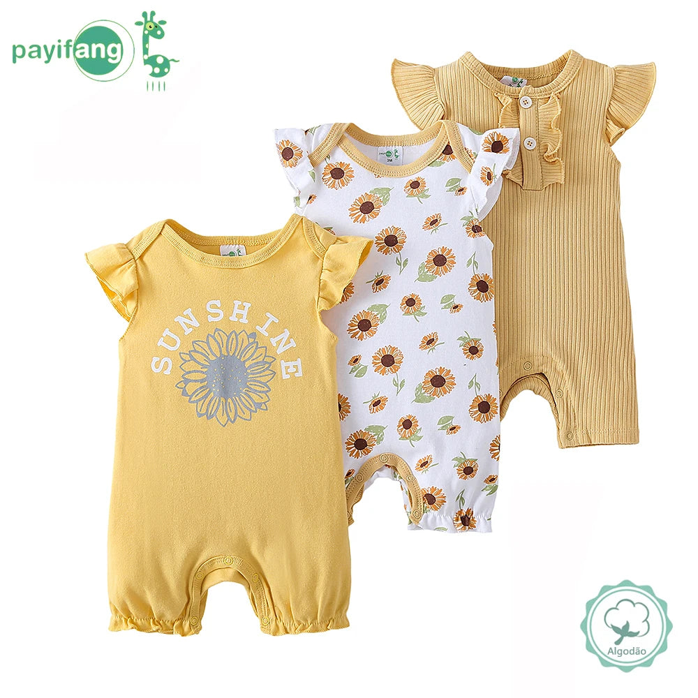 Baby Girls Soft Cotton Short Sleeve Floral Rompers Comfortable Bodysuit