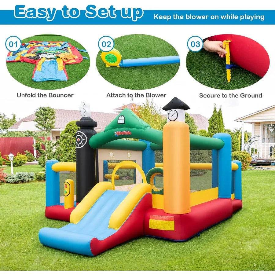LISM Inflatable Train Theme Bounce House With Slide Ball Pit Basketball Rim