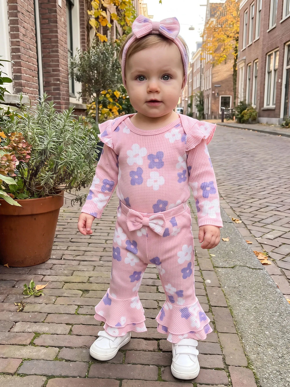 Girls Long Sleeve Floral Print Romper And Headband Set