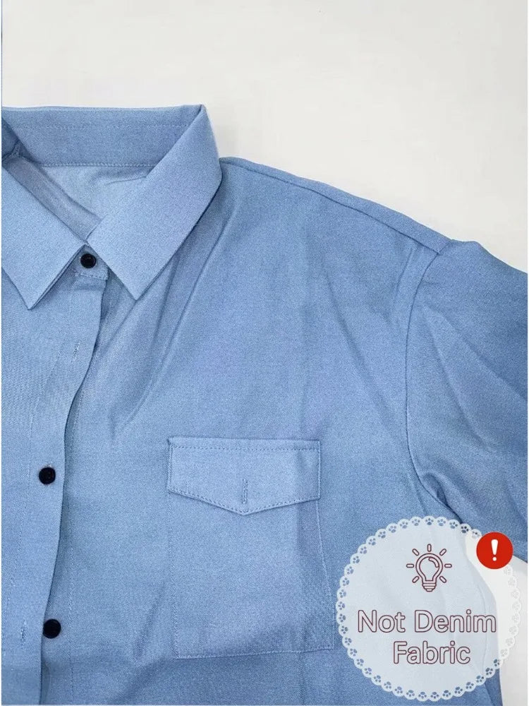 Women Blue Lapel Collar Shirt Dress 2026 New Short Sleeves Button Front Patchwork Ruffle‑Hem Sheer Tulle Tiered Elegant Party Evening Maxi Dresses