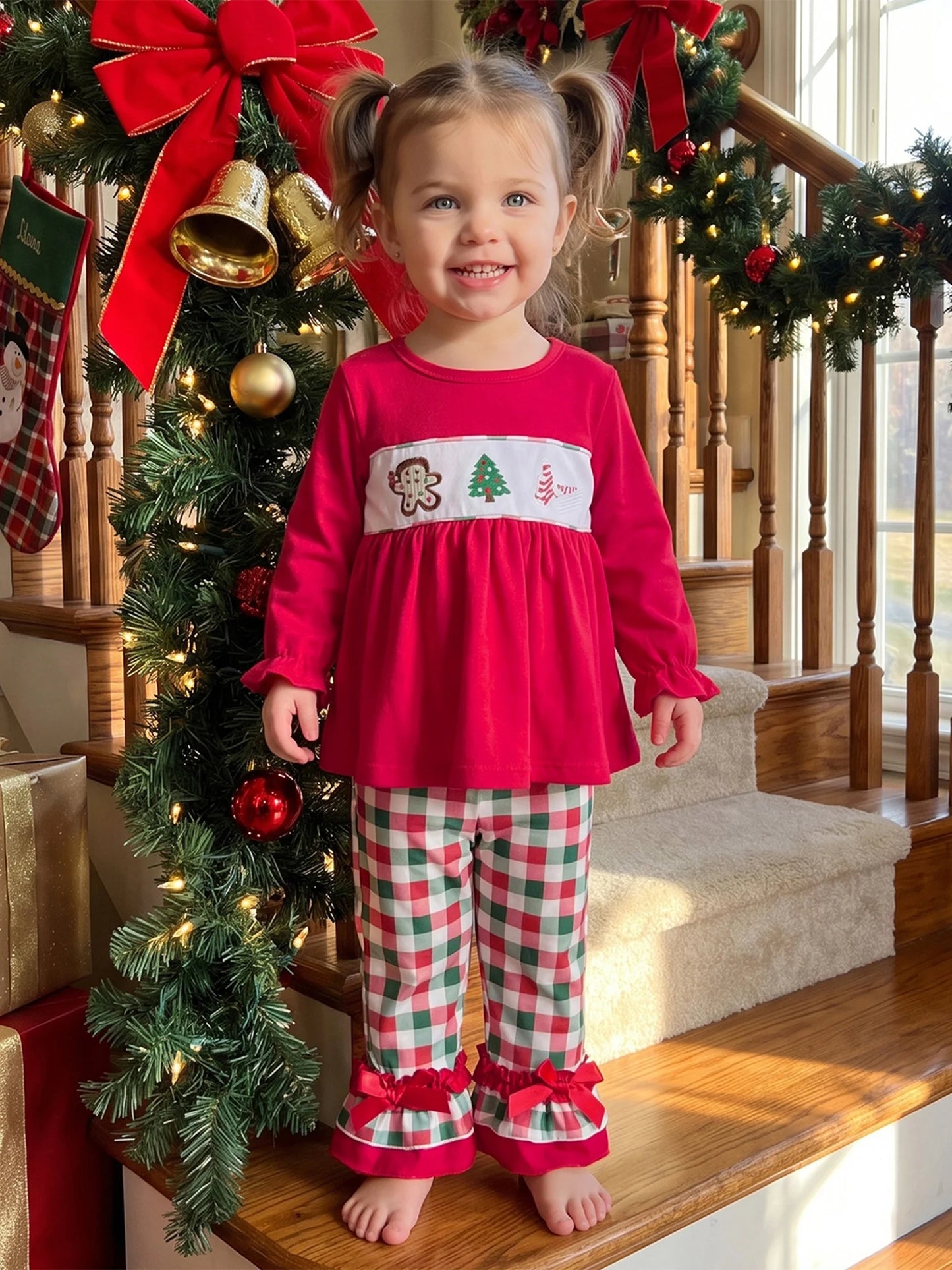Toddler Baby Outfit Pants Christmas-Outfit Long Long Sleeve Christmas Plaid Lightweight Toddler Baby Outfit