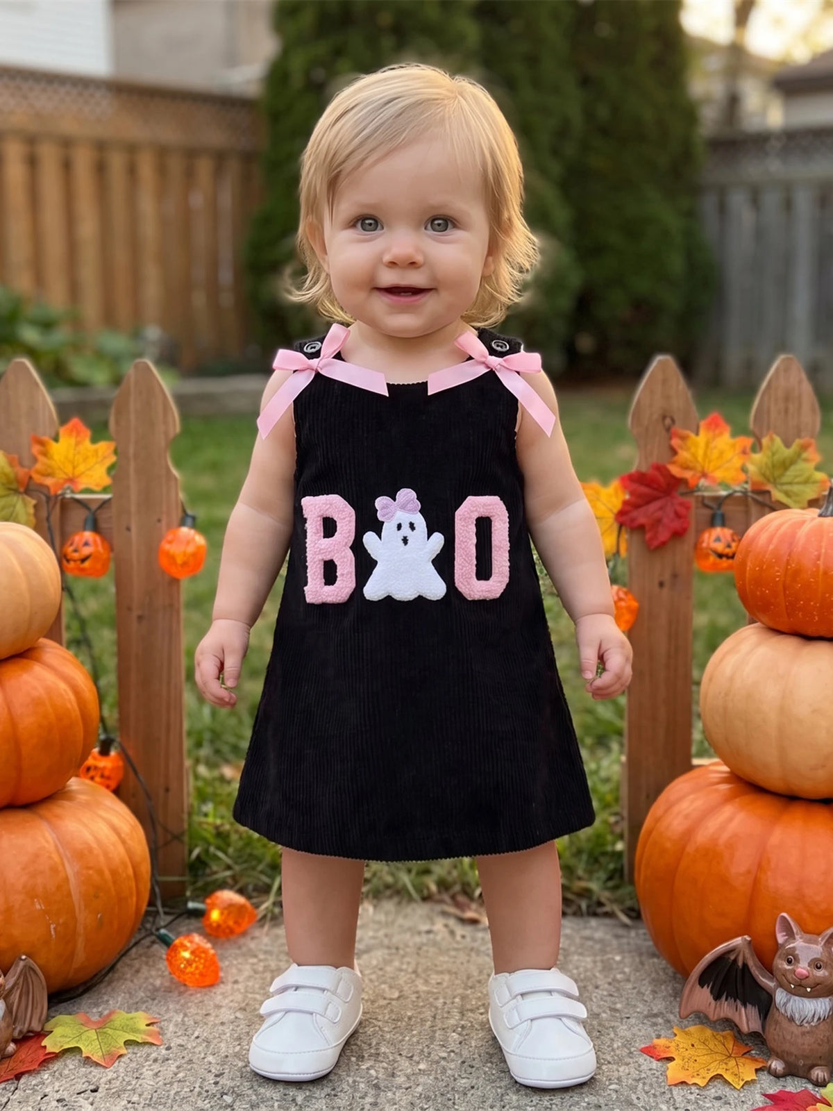 Bow Embroidered Corduroy Dress For Toddler Girl Halloween