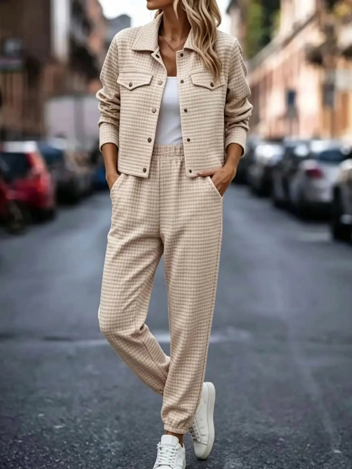 Plus size women's small checkered long sleeve European and American new spring and autumn lapel cardigan casual fashion long pants set