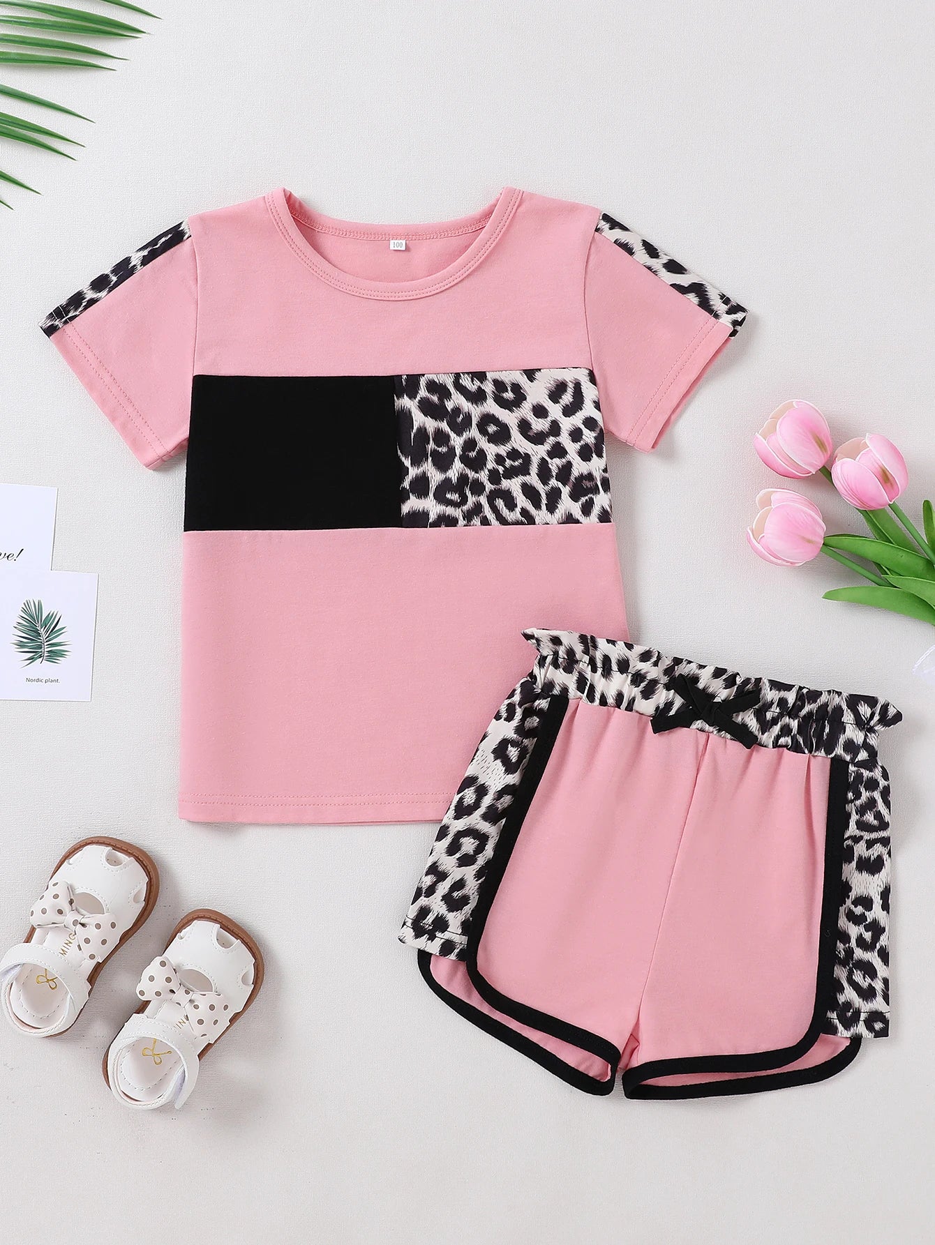 NONECN Leopard Camo Print Toddler Girls Short Sleeve Set