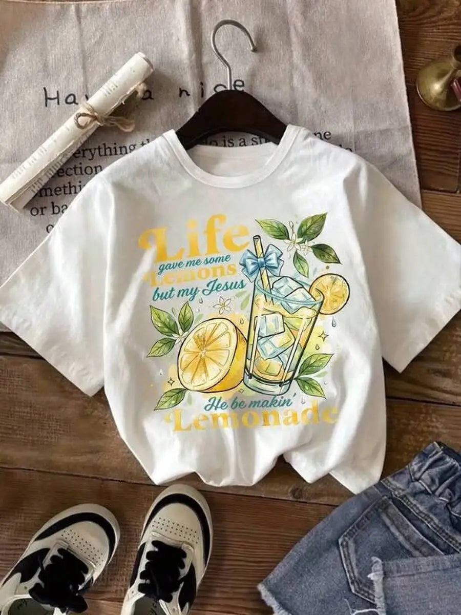 Tween Boys & Girls Clothing, Summer Tops, Ropa Para Niños, 67 Graphic Tees, Lemon Water Print Short Sleeved T-Shirt For Girls Ch