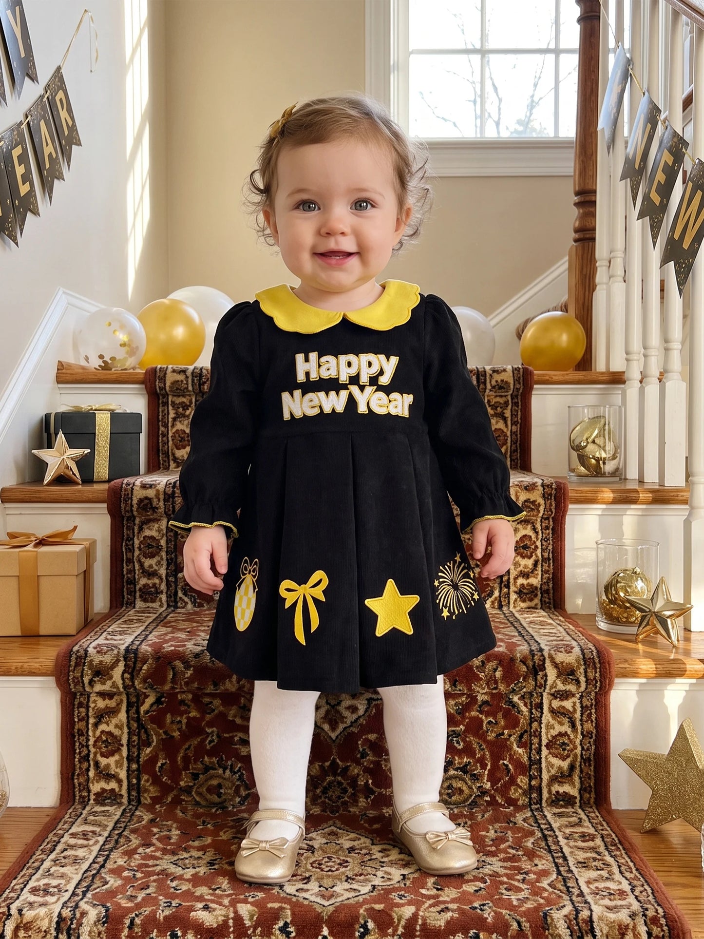 Girls Long Sleeve V Neck Dress With Letter Embroidery Pockets