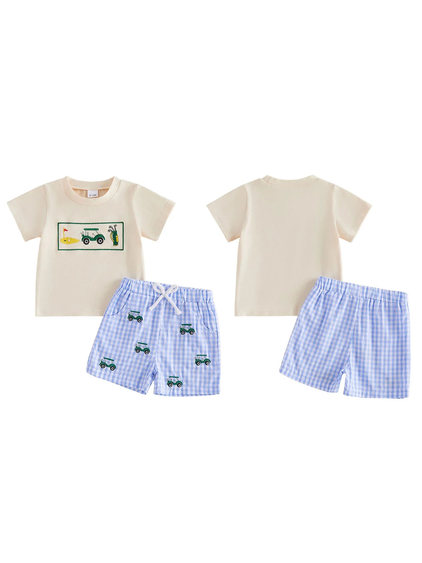 Girls Embroidered Animal Short Sleeve T-Shirts And Plaid Shorts 2Pcs