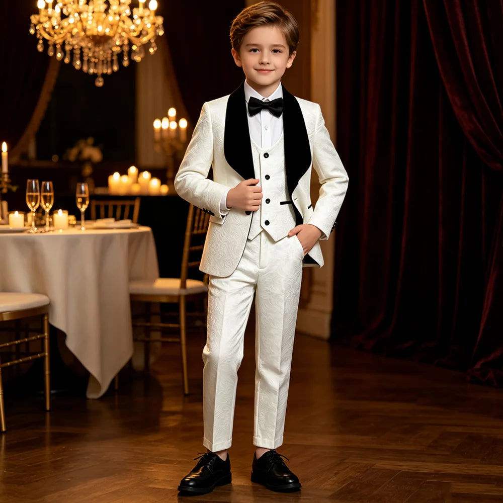 Boys Jacquard Tuxedo Suit 3 Piece Bow Tie Velvet Set