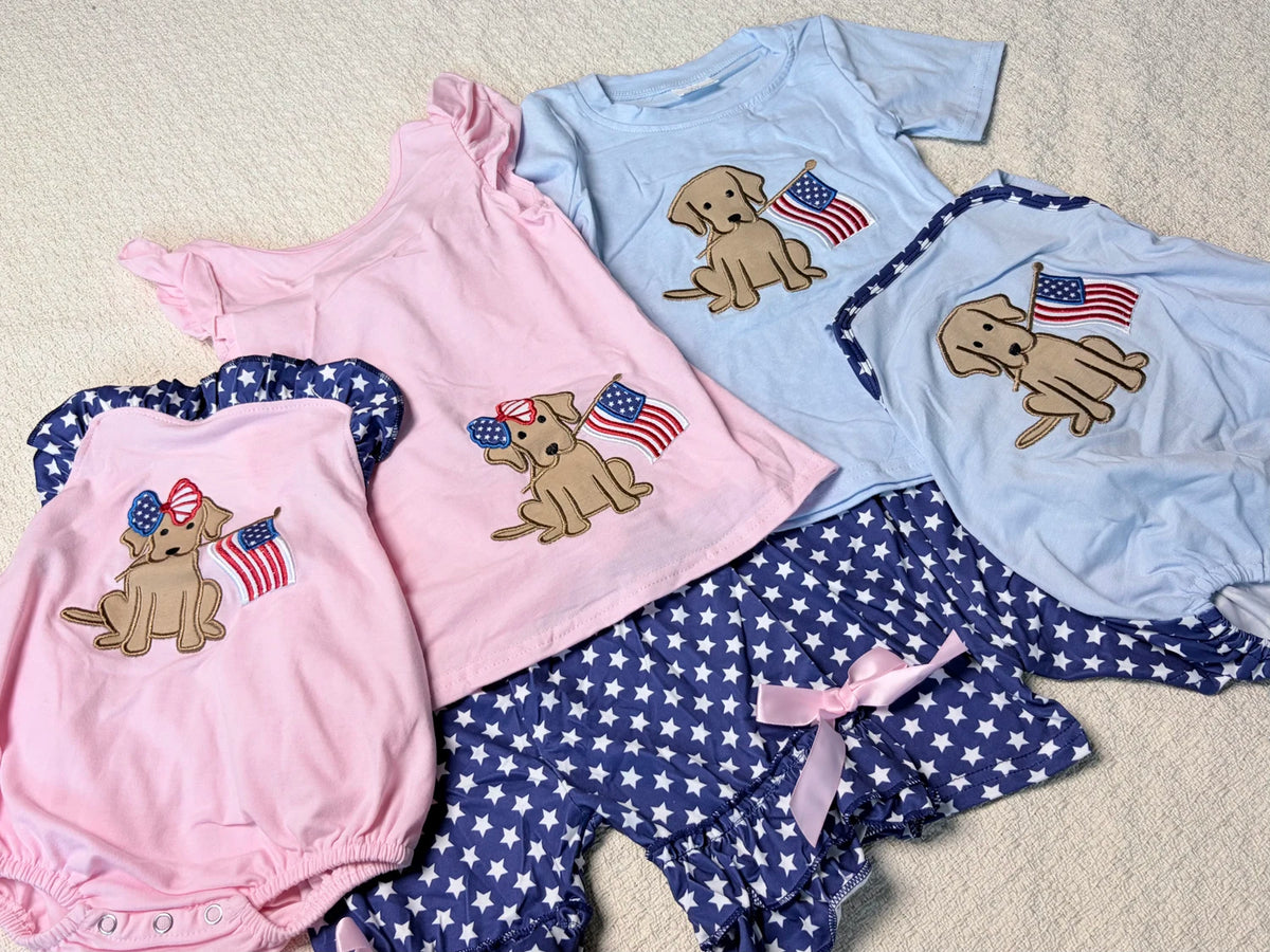 Patriotic Puppy And Kids Matching 4th Of July Cotton Sets