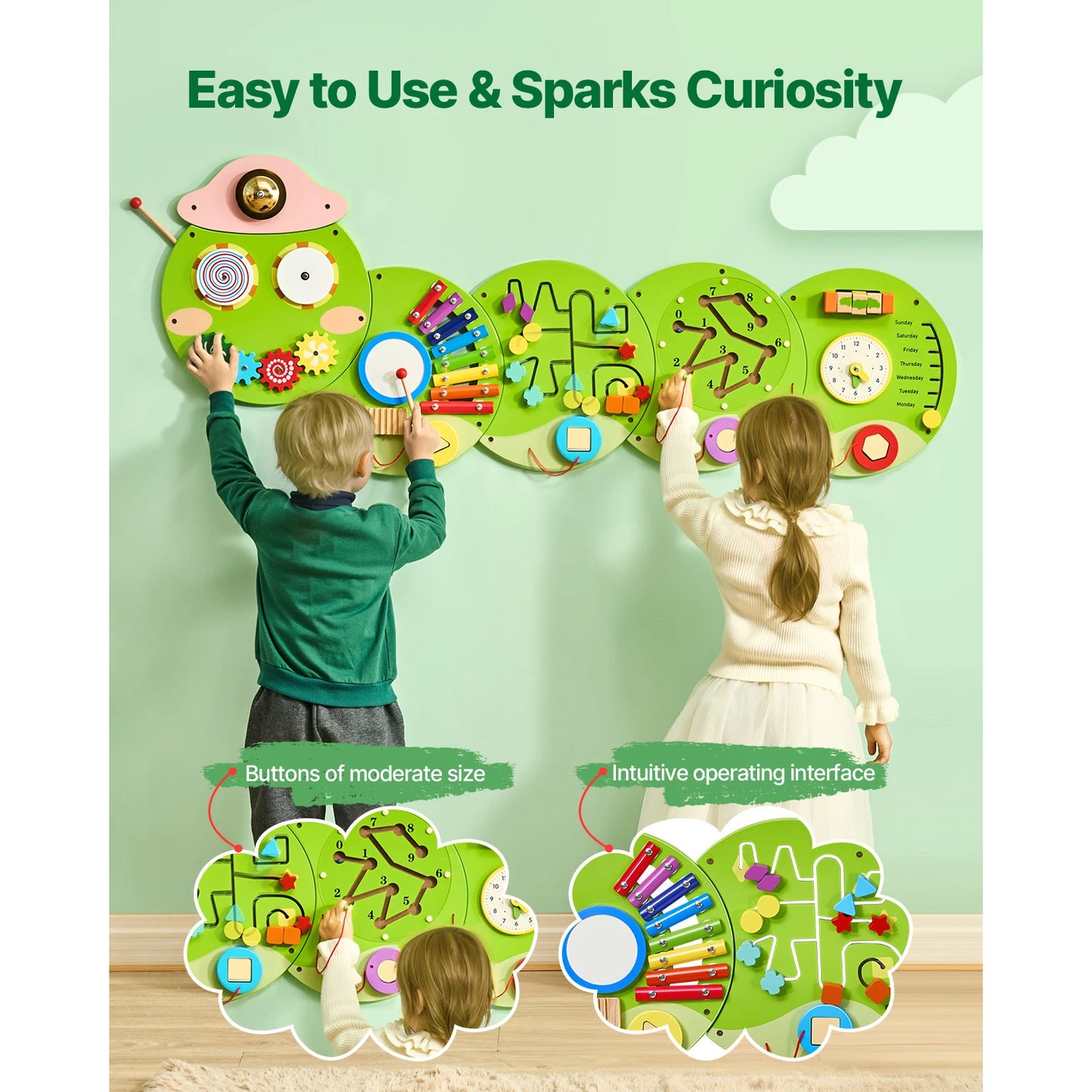 SucceBuy Caterpillar Kids Wall Busy Board With 12 Activities Montessori