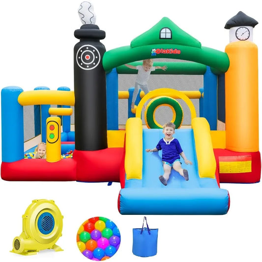 LISM Inflatable Train Theme Bounce House With Slide Ball Pit Basketball Rim