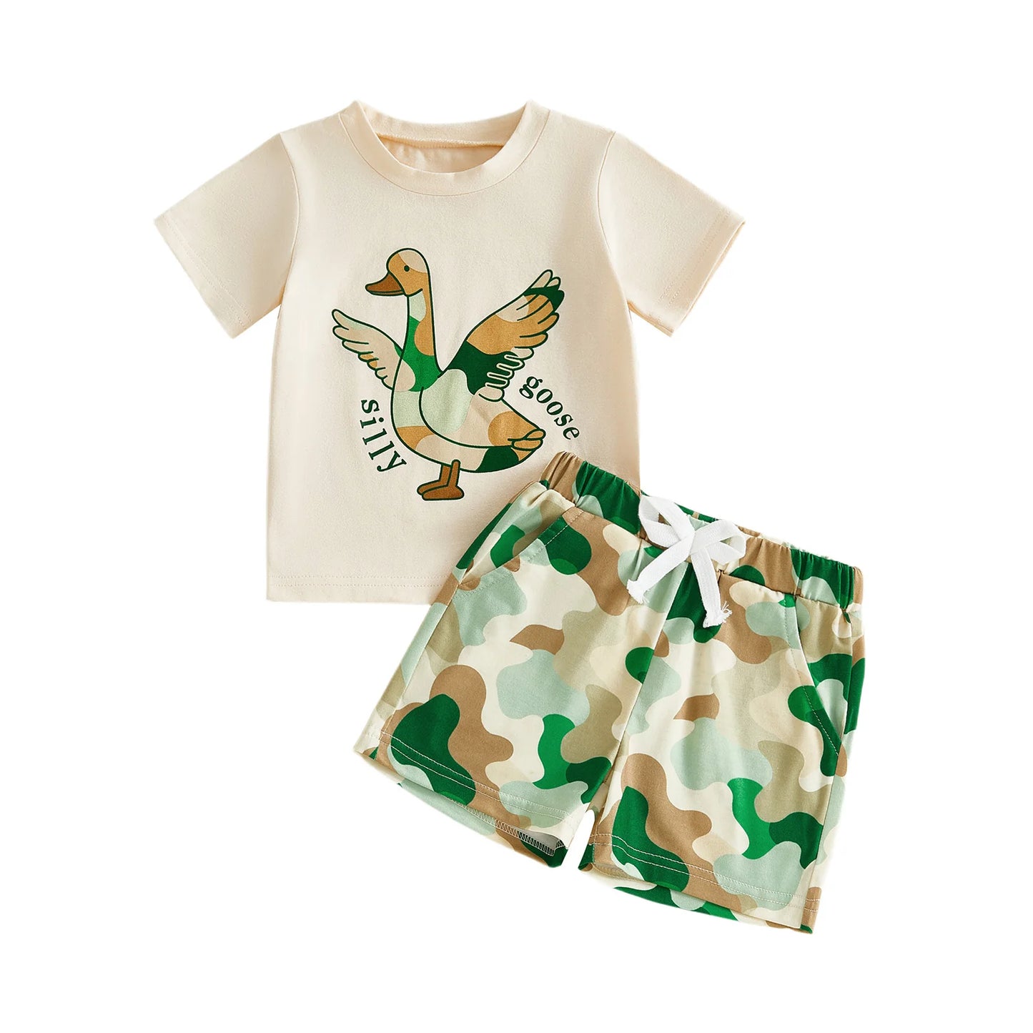 Girls Summer Outfit Set Short Sleeve Top And Camouflage Shorts