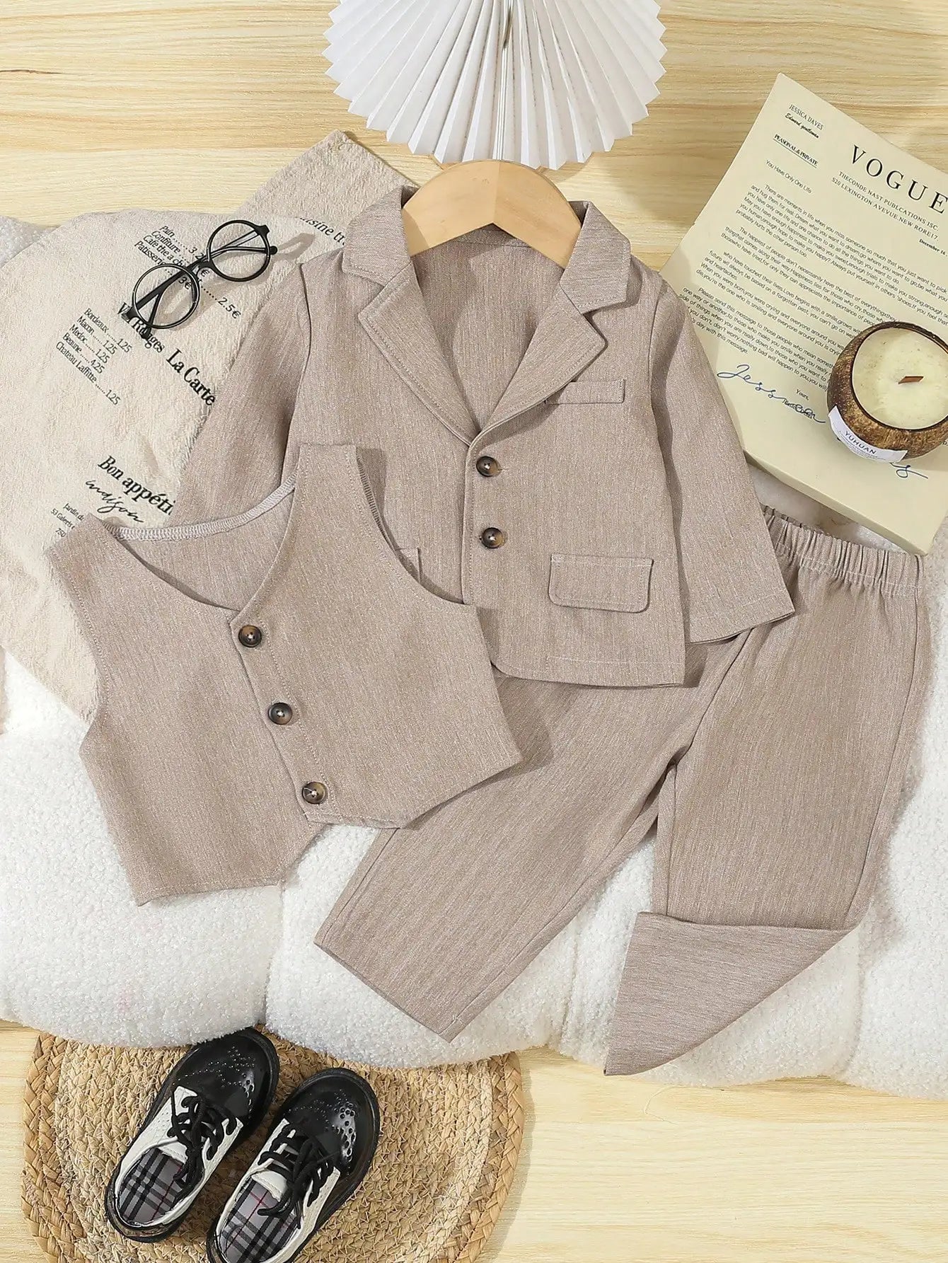 Toddler Boy Formal Suit Set Blazer Vest Pants Beige Corduroy