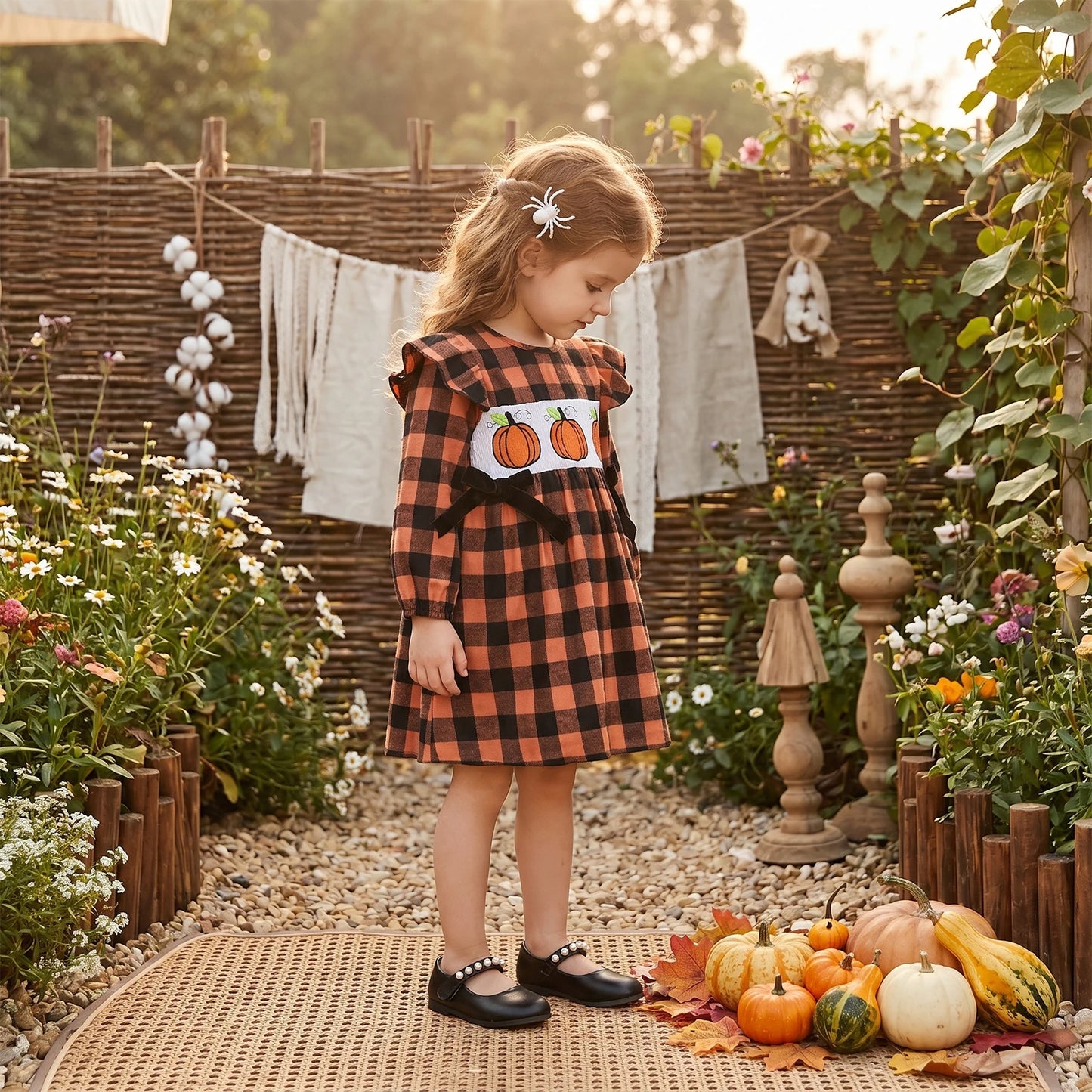 2026 New Toddler Baby Girls Halloween Dress Fashion Pumpkin Embroidery Long Sleeve Fall Plaid Dress Girls Casual Dresses