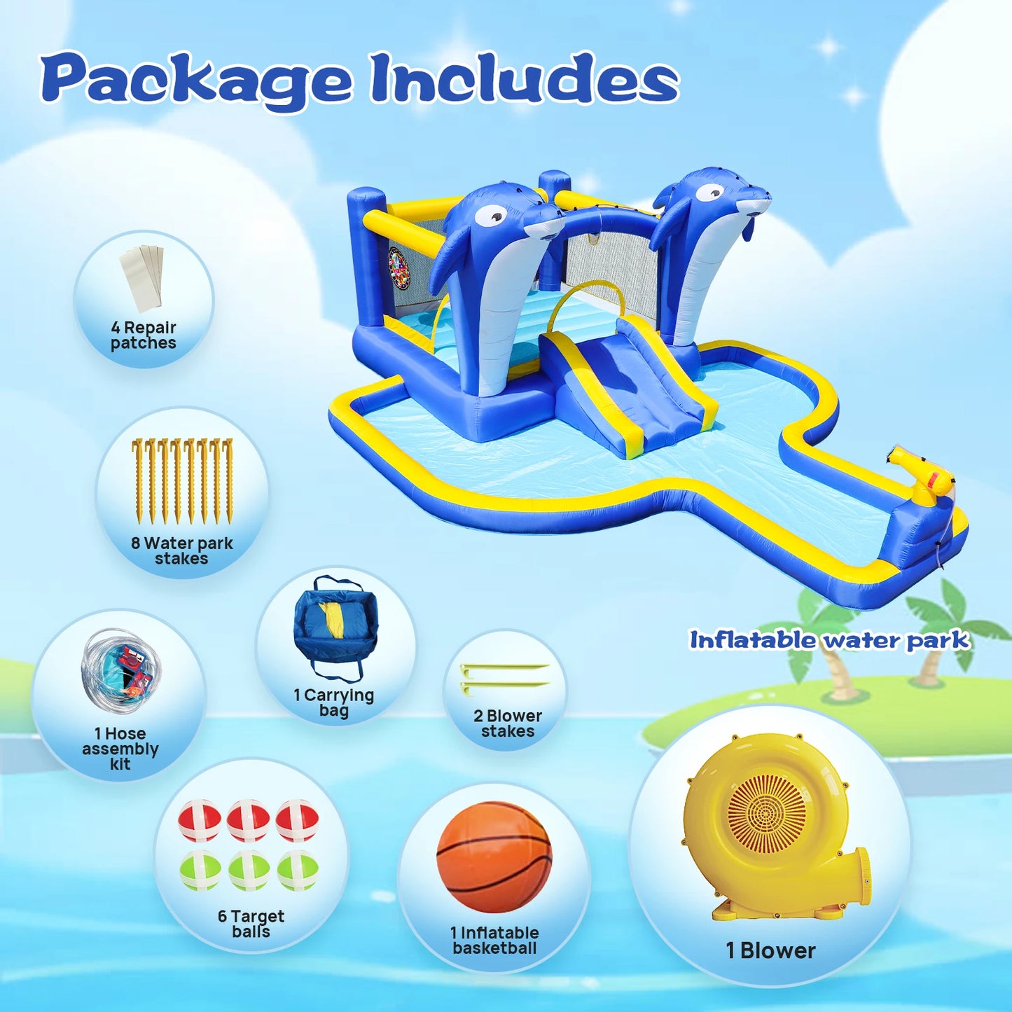 Outdoor Inflatable Bounce House Wet Dry Slide With Dolphin Sprinkler