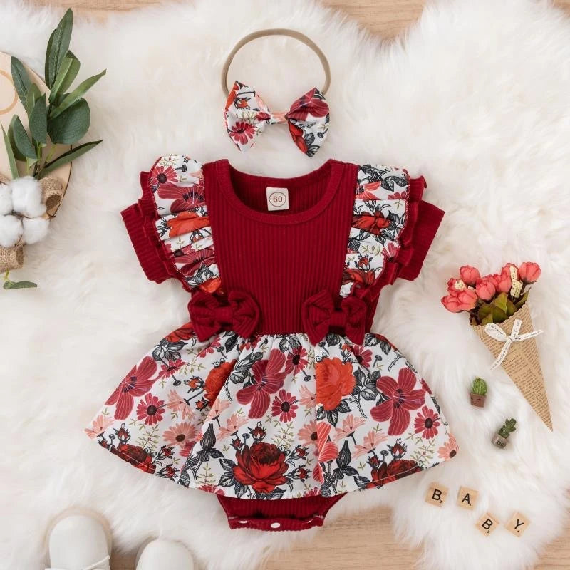 Summer Baby Girl Dress With Bowknot Striped Cotton Floral Outfit