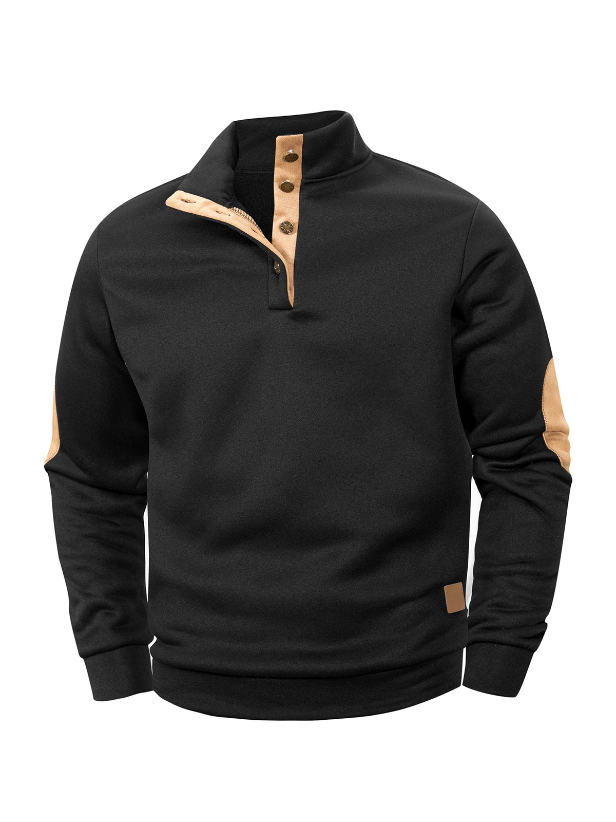 Men Henley Collar Pullover Sweatshirt Stand Collar Top Button Placket Elbow Patches Long Sleeve Casual Sweater Daily Wear Top