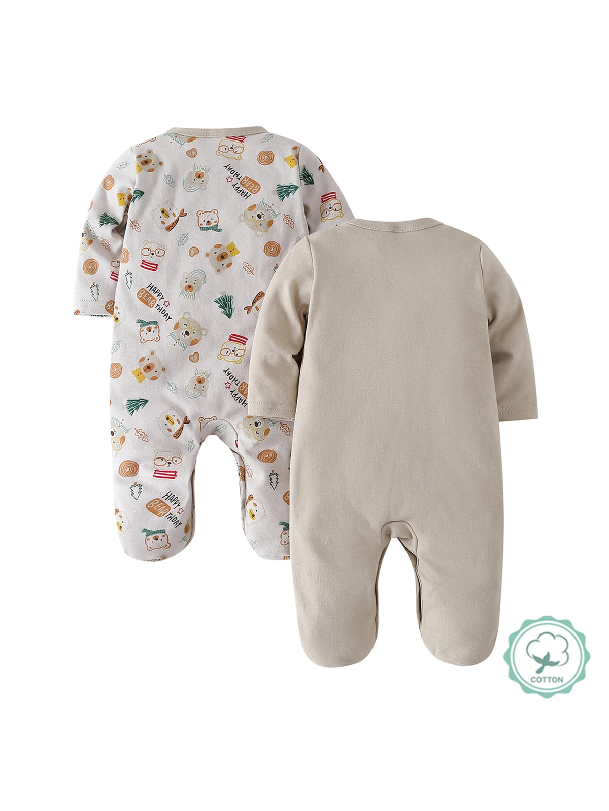 2pcs Zip Footed Rompers for Baby Boys, Dark Bear Pattern Long Sleeve Onesies, Daily Wear Newborn Must-Haves, for Outdoor