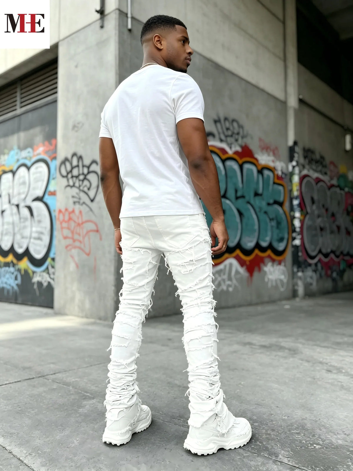 HME Men's White Denim Pants, Stacked Ripped Slim Flared Jeans with Layered Frayed Details