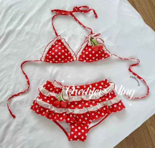 Kawaii Crop Top Swimwear Set For Women Bow Harajuku Bikini
