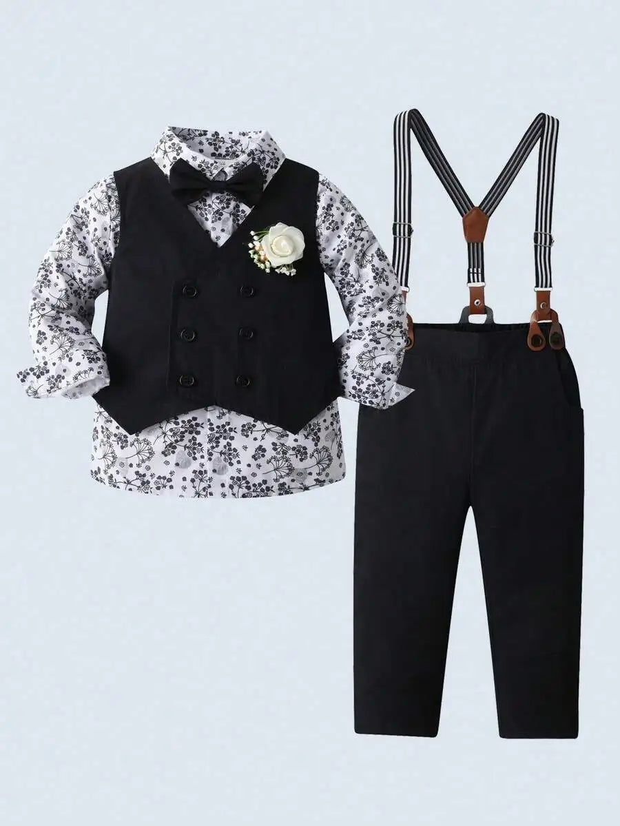 Toddler Boys Formal Suit Set Shirt Vest Pants Bow Tie
