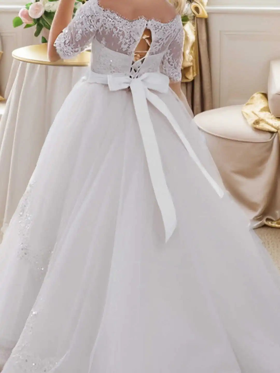 Abaowedding Off Shoulder Flower Girl Lace Sequin Ball Gown
