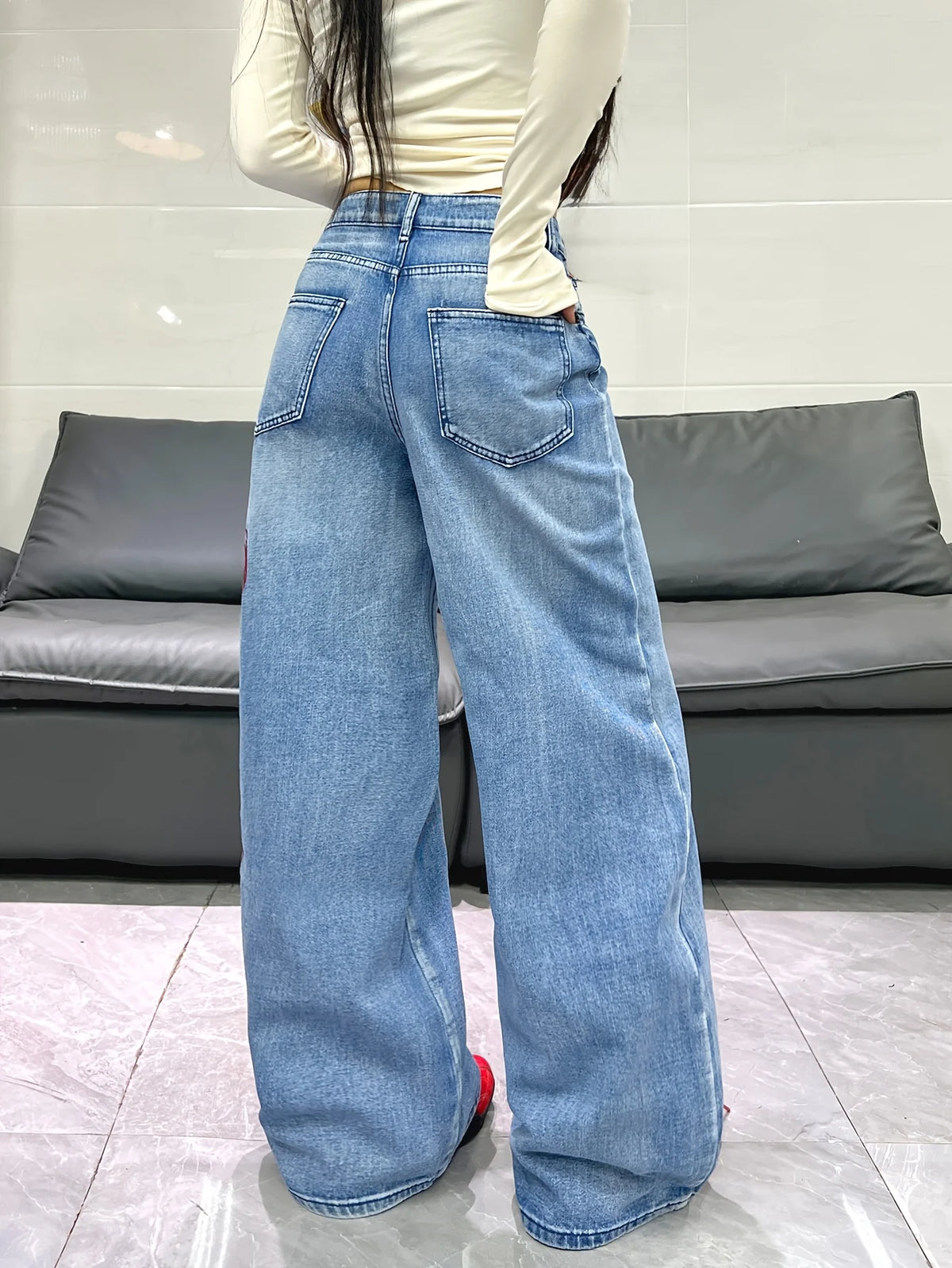 American Retro Two-Color Embroidered Wide-Leg Women's High-Waisted Jeans - Fashionable Design, Straight-Leg Loose Slimming Wide-Leg Floor-Length Trousers For Street Hotties