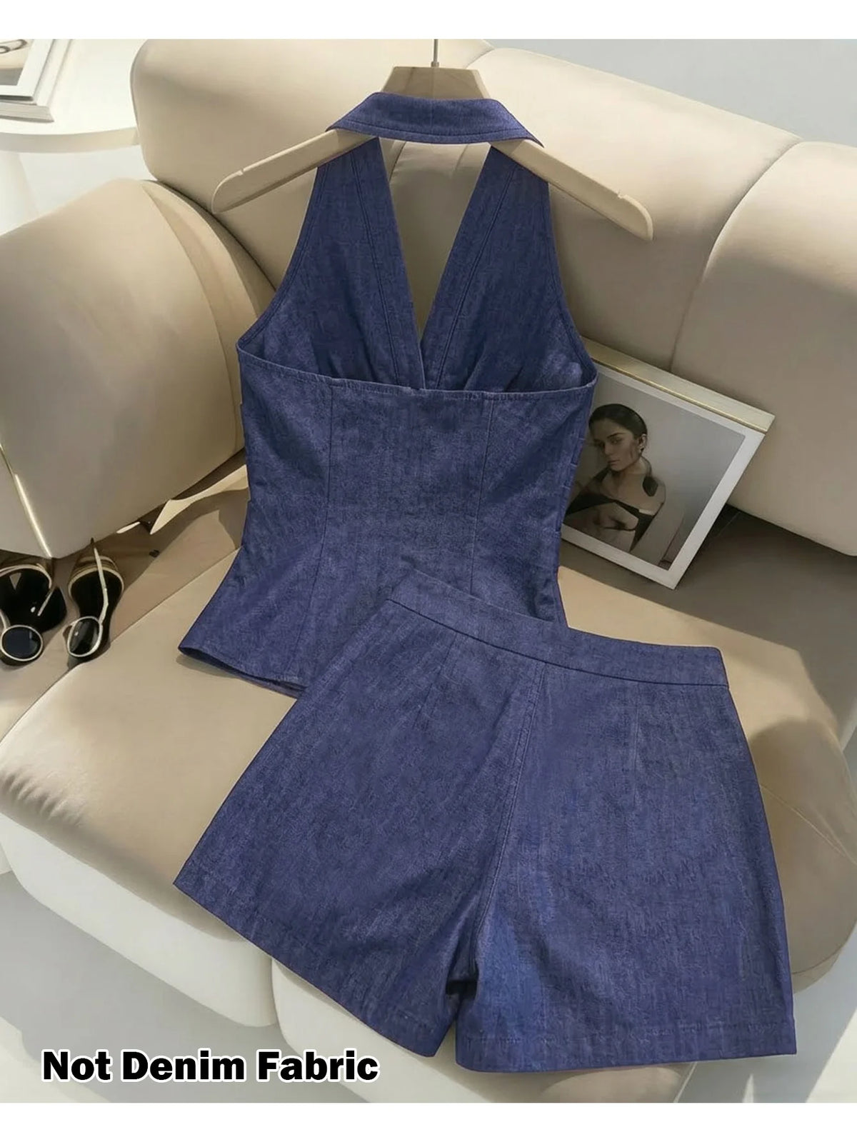 Women's Halter V Neck Sleeveless Two‑Piece Suit Button Detail Pleated Fitted Top Wrap Front Pleated Short Skort Ladies Set
