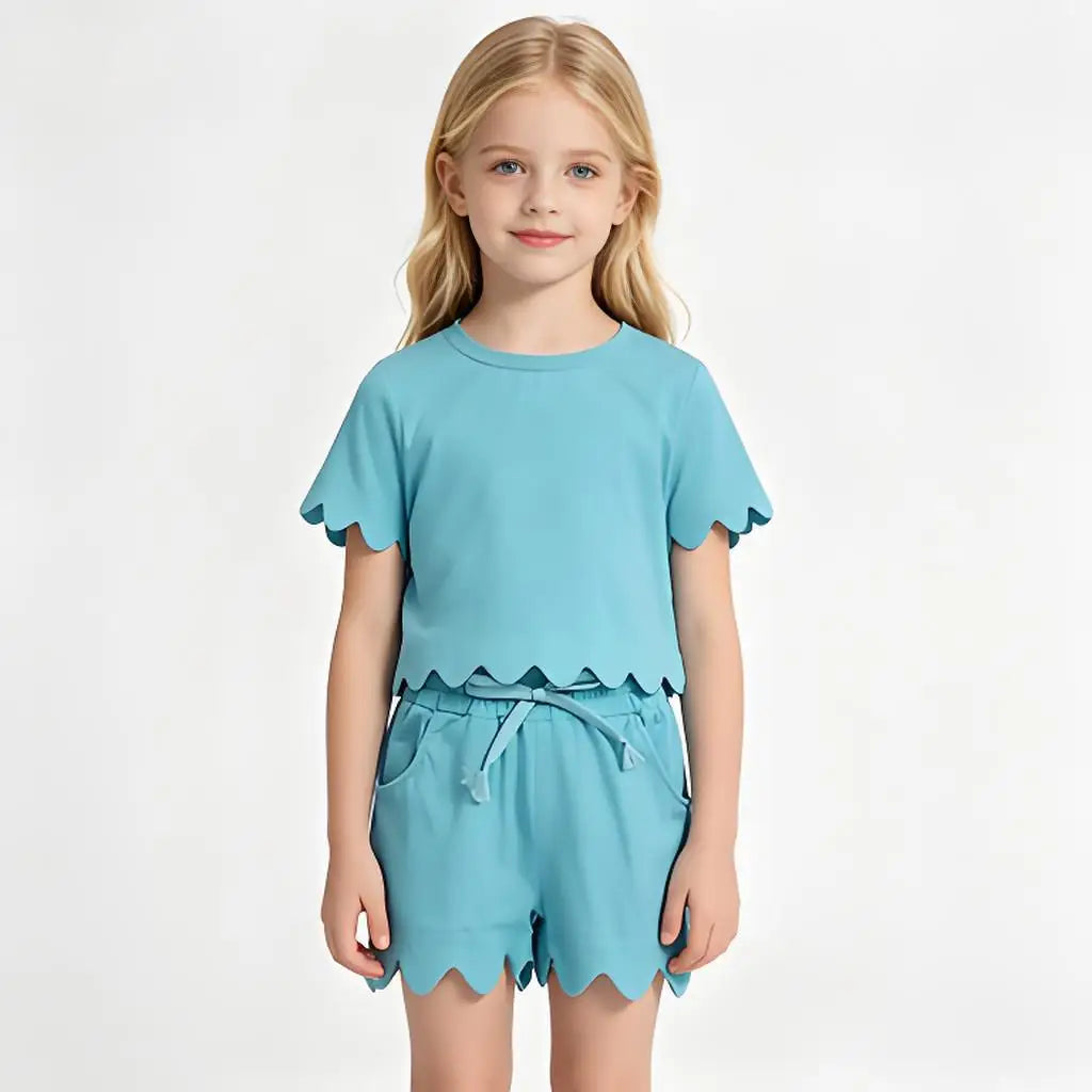Cotton Baby Girls Sets With Scallop Shorts And Top