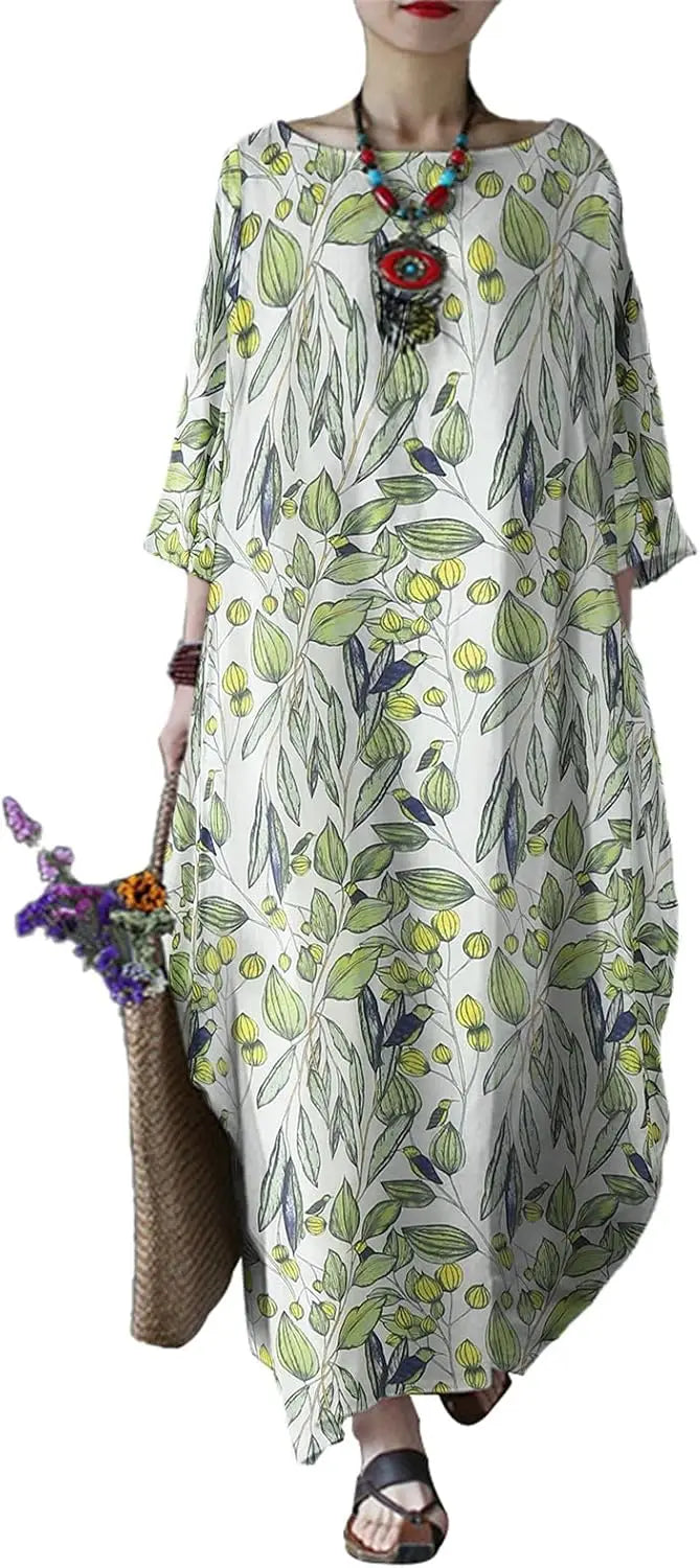 Autumn Solid Cotton Caftan Dress Loose Fit Women Casual