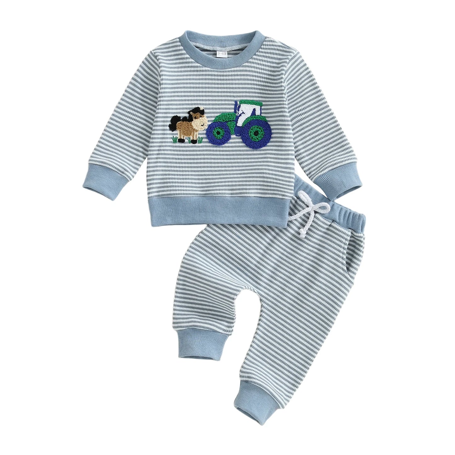 Toddler Boy Autumn Outfit Set Striped Pullover With Animal Embroidery