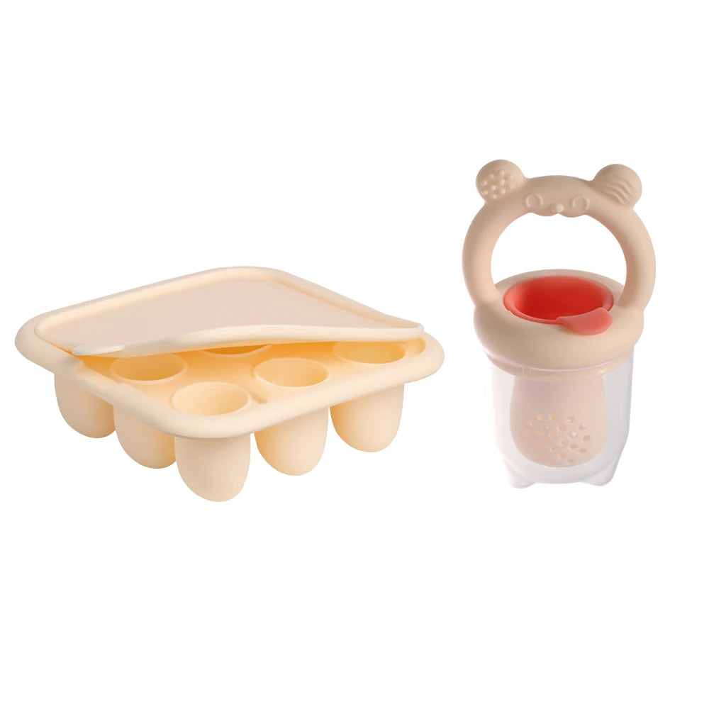 BPA Free Baby Fruit Feeder with Silicone Food Freezer Tray, Food Grade Teething Pacifier Self‑Feeding Set, 3 Colors Optional for Newborn Toddlers