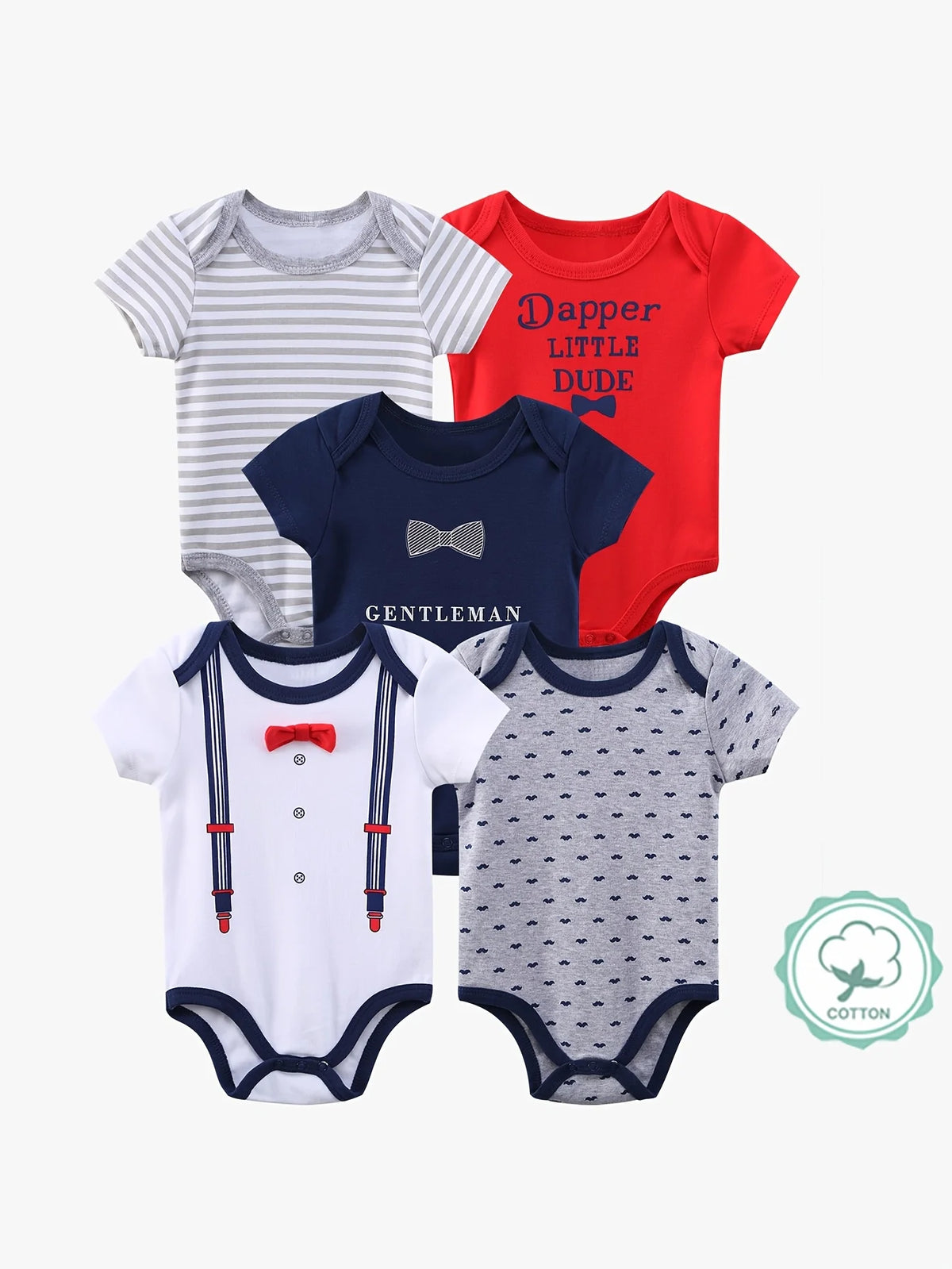 Baby Boys Cotton Bodysuits And Rompers Set With Bow Tie Short Sleeve