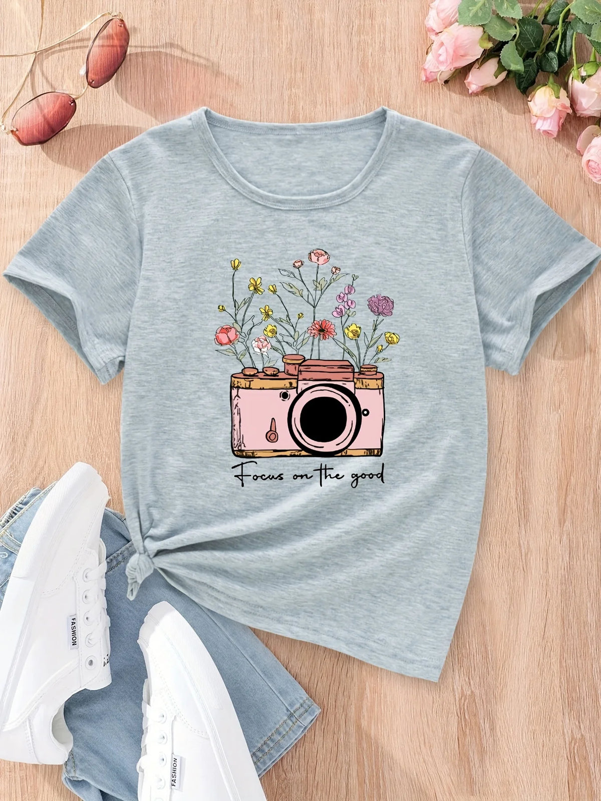 Flowers And Camera Graphic T-Shirt Casual Round Neck Tees Top Teens Summer Clothes