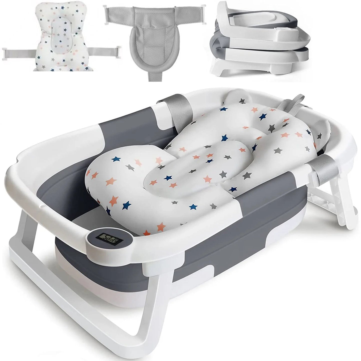 Baby Bath Tub With Cushion Foldable Design And Thermometer