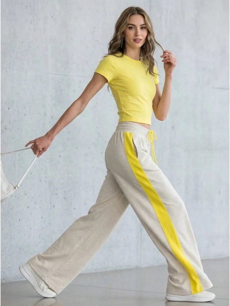 Women 2 Piece Sets Casual Outfit Solid Short Sleeves Crew Neck Crop T‑Shirt & Side Stripe Drawstring Wide Leg Sweatpants Set Sporty Matching Tracksuit