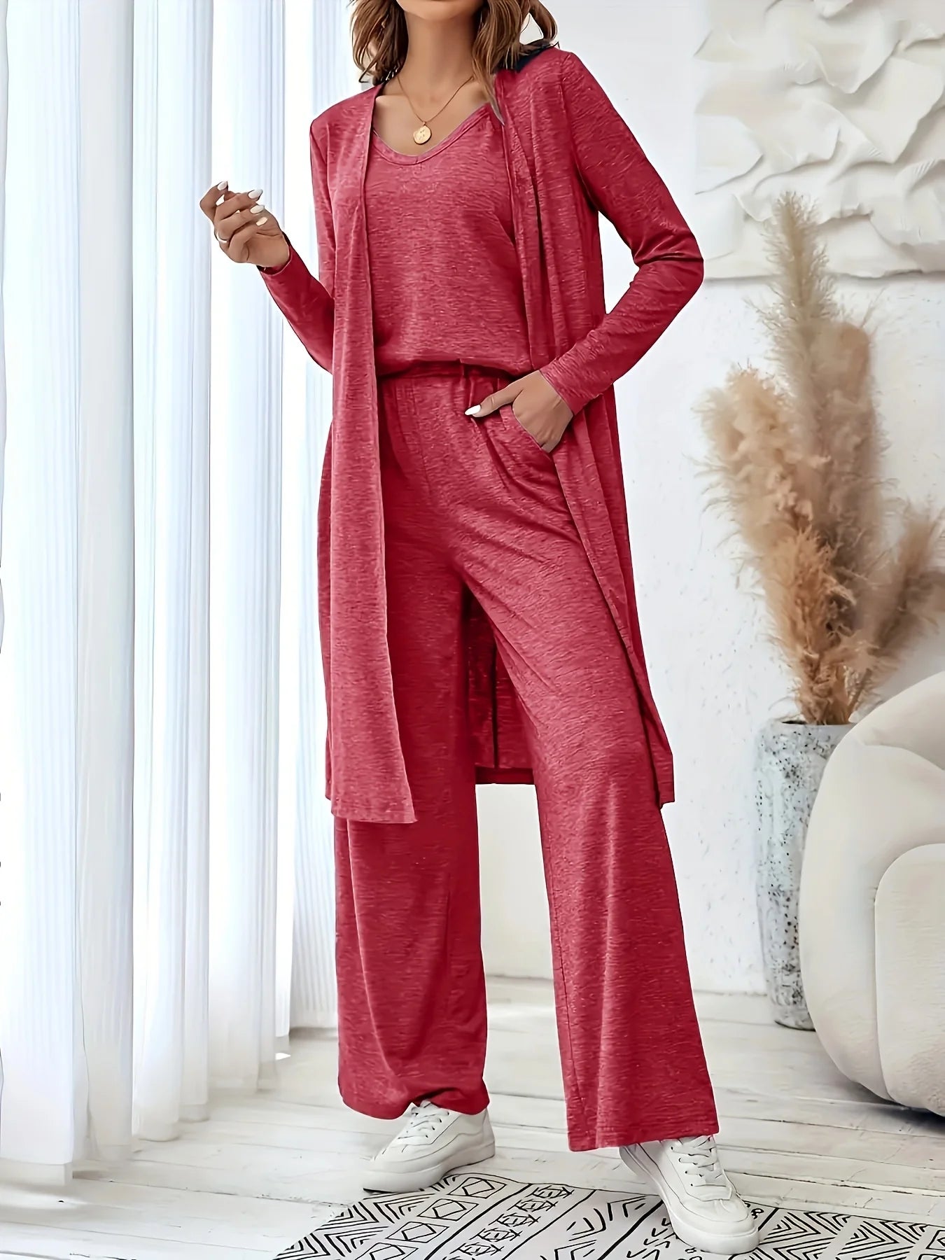 Plus size women's lazy loungewear knit 3-piece set; mixed color textured tank top, long cardigan, high-waisted pocket wide-leg pants loose set