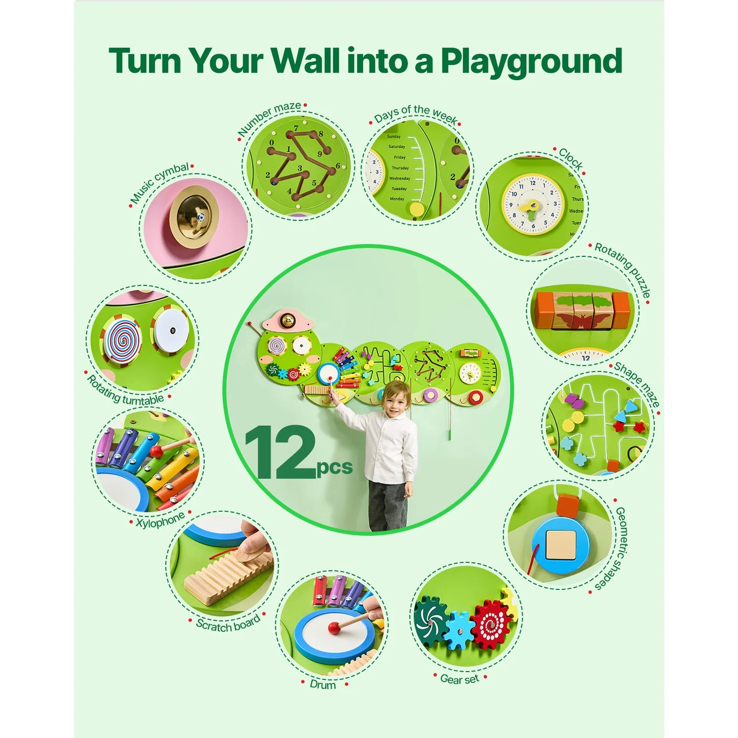 SucceBuy Caterpillar Kids Wall Busy Board With 12 Activities Montessori