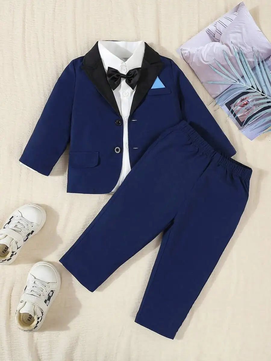 Toddler Formal Suit Set Shawl Lapel Jacket Bow Tie Elastic Waist Pants