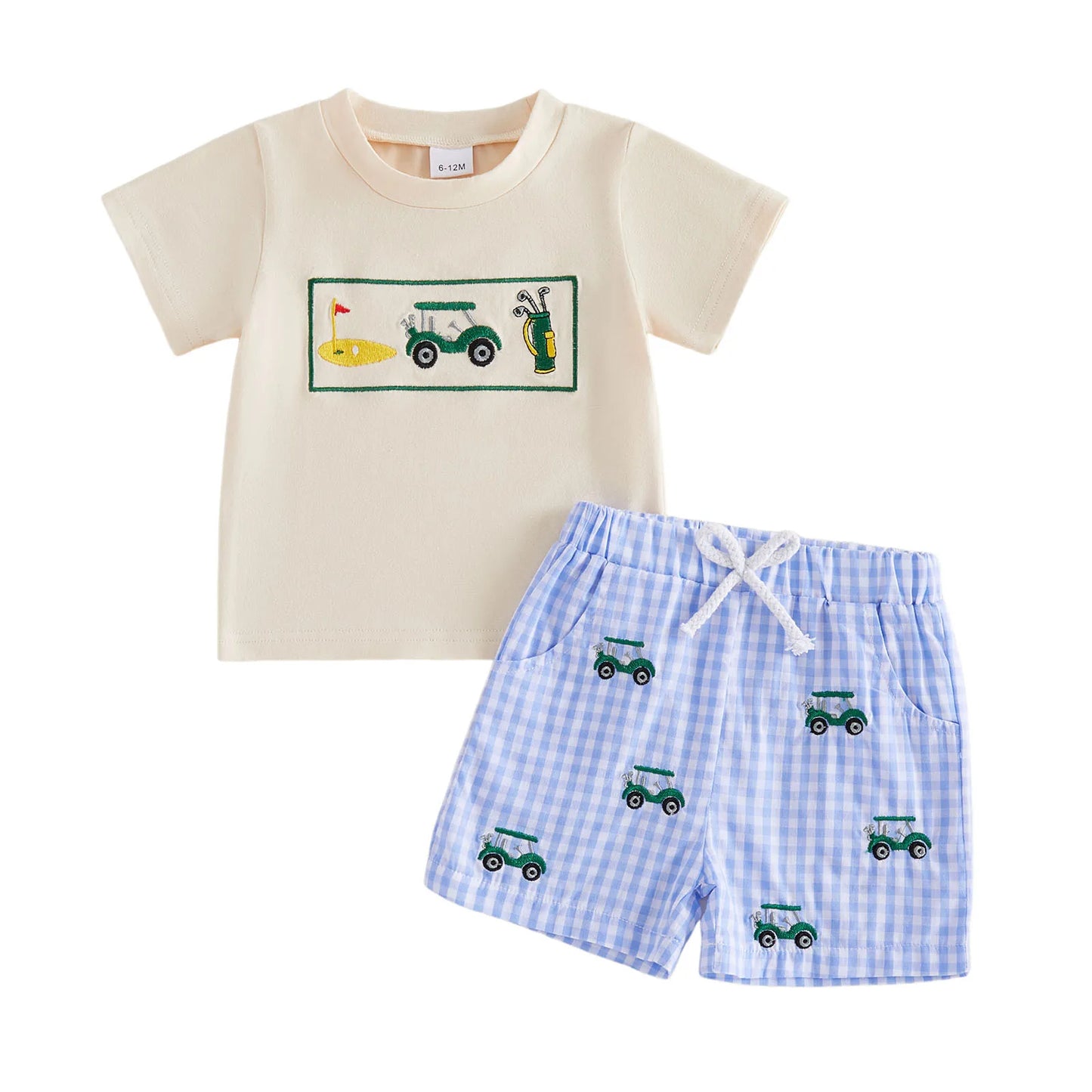Girls Embroidered Animal Short Sleeve T-Shirts And Plaid Shorts 2Pcs
