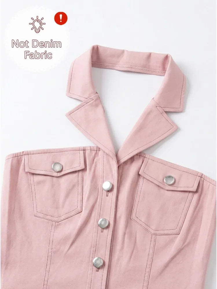 Women Lapel Halter Neck Collarless Mini Dresses 2026 New Sleeveless Button‑Front Bodycon Party Short Dress With Flap Pockets