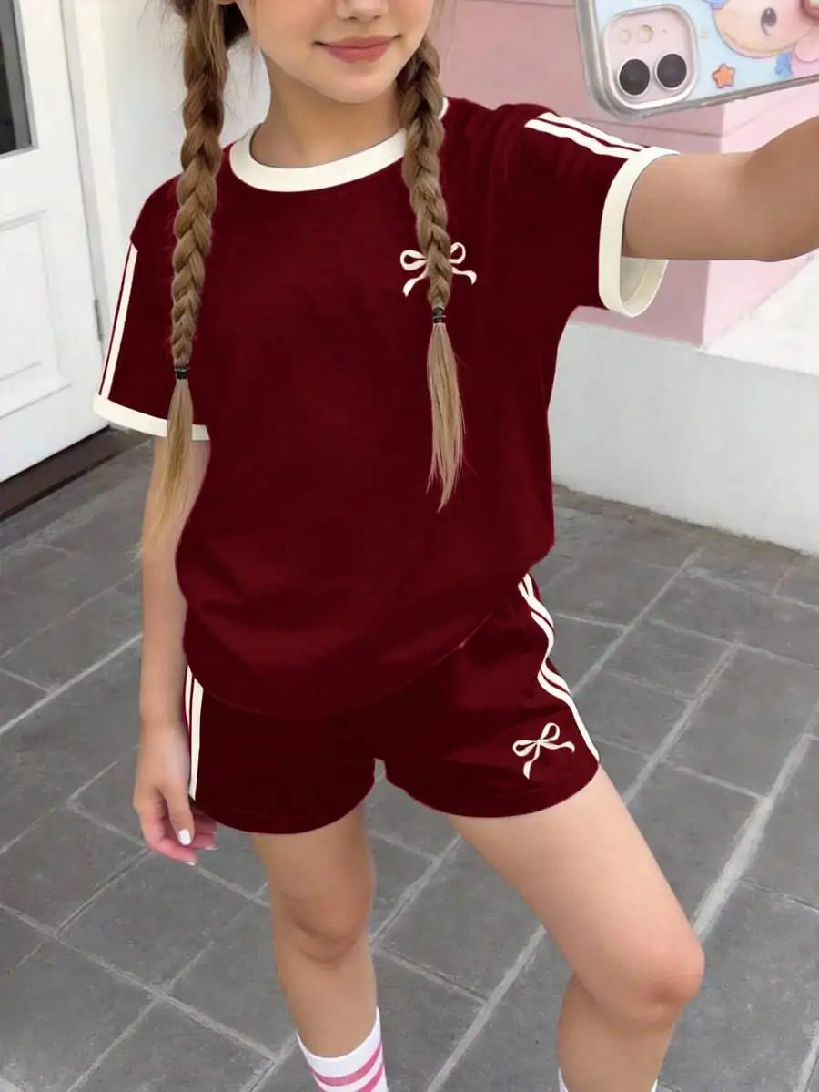 Cherry Bow Print Short Sleeve Tee And Plaid Shorts Set