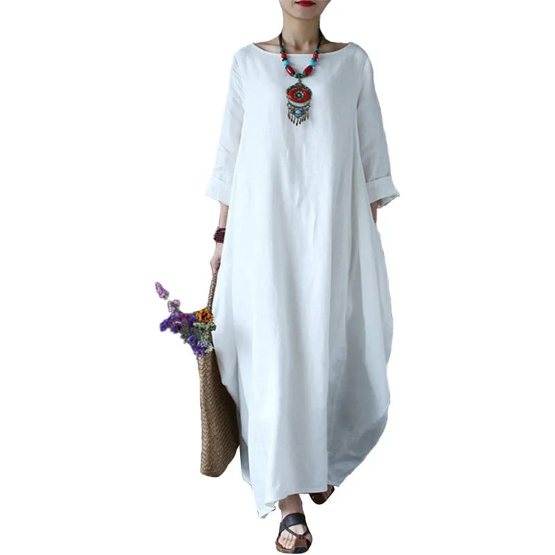 Autumn Solid Cotton Caftan Dress Loose Fit Women Casual