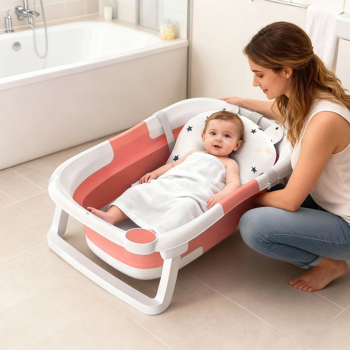 Foldable Baby Bathtub With Soft Cushion And Thermometer Portable Travel