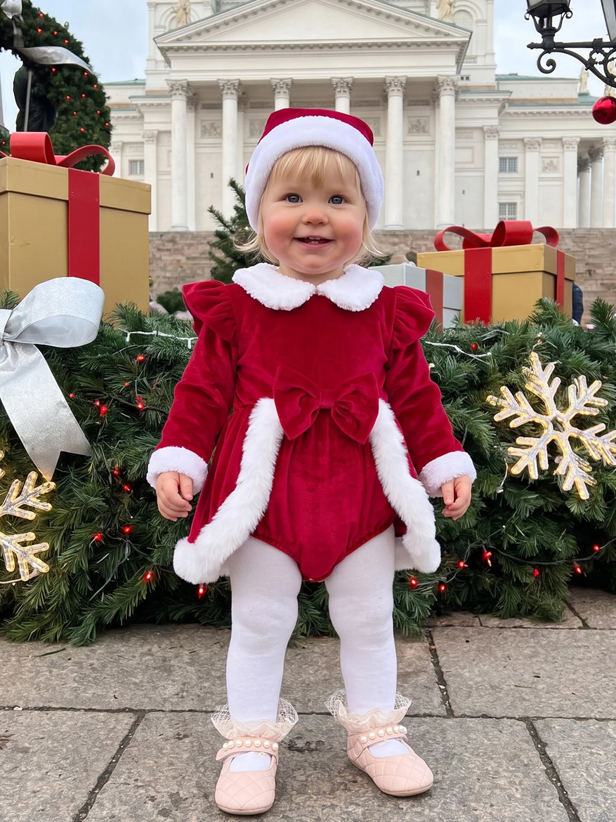 Long Sleeve Piece Set Velvet Long Sleeve Hat Girl Christmas 2 Outfit Dress Hat 2 Lightweight Baby Girl Christmas