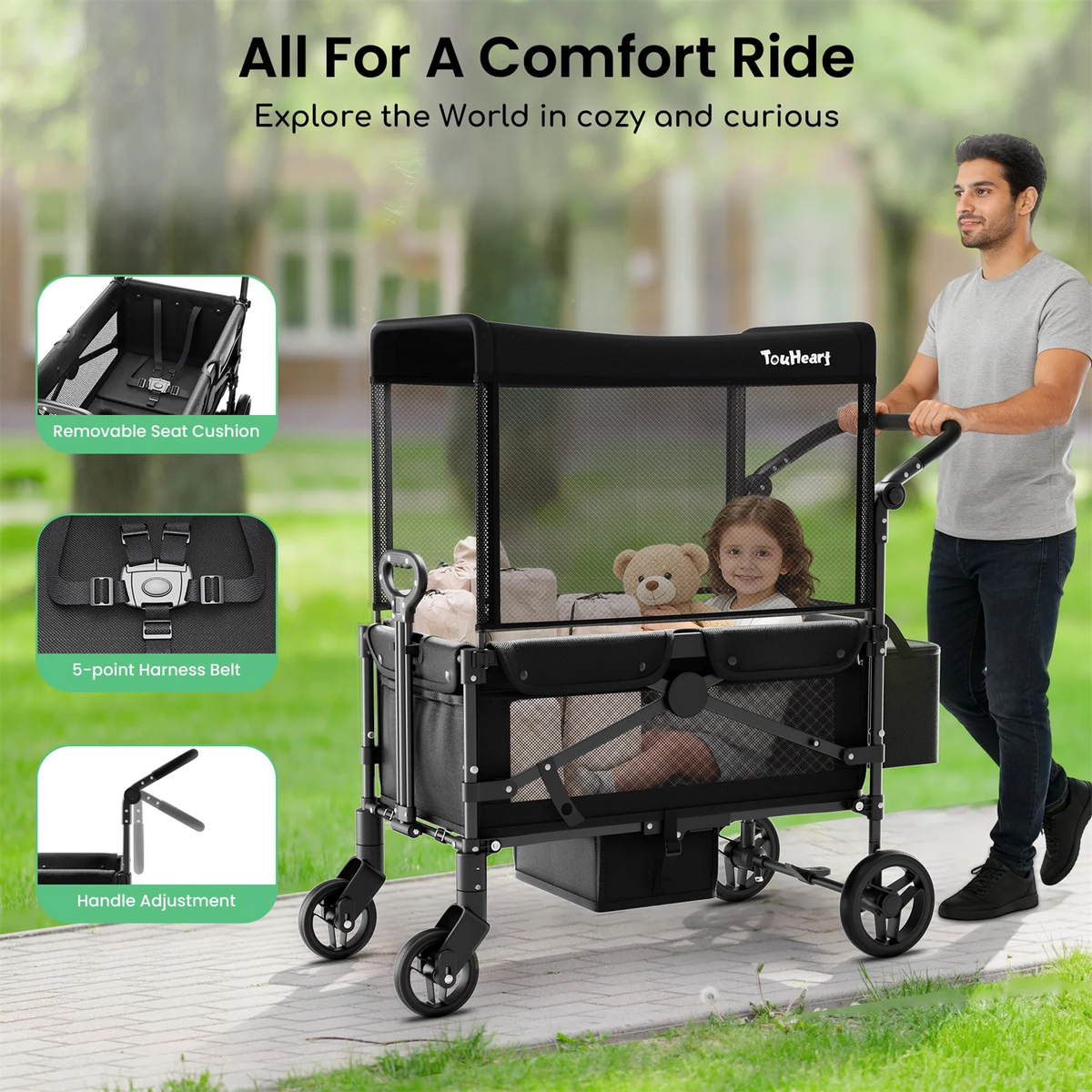 Foldable All Terrain Two Seater Kids Stroller Wagon With Canopy
